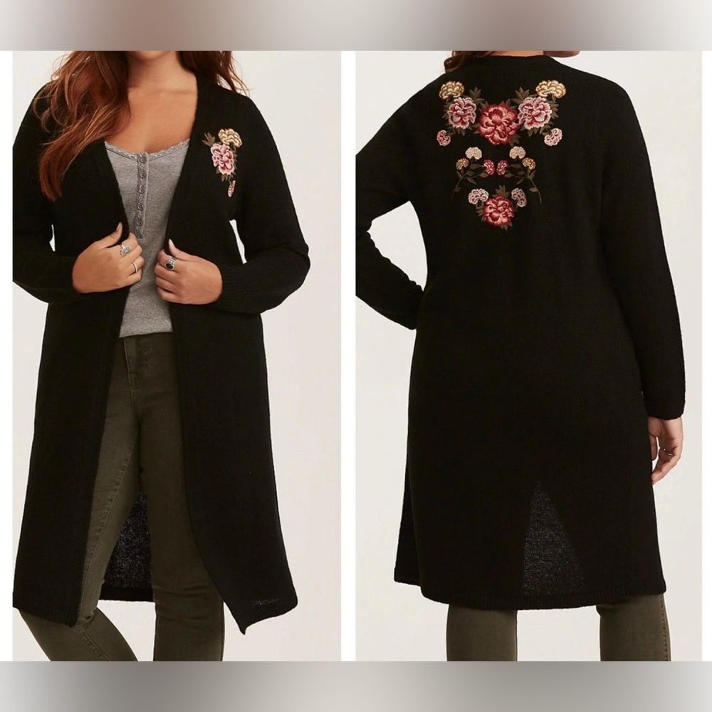 Torrid Floral Embroidered Duster Cardigan Black 4 4X